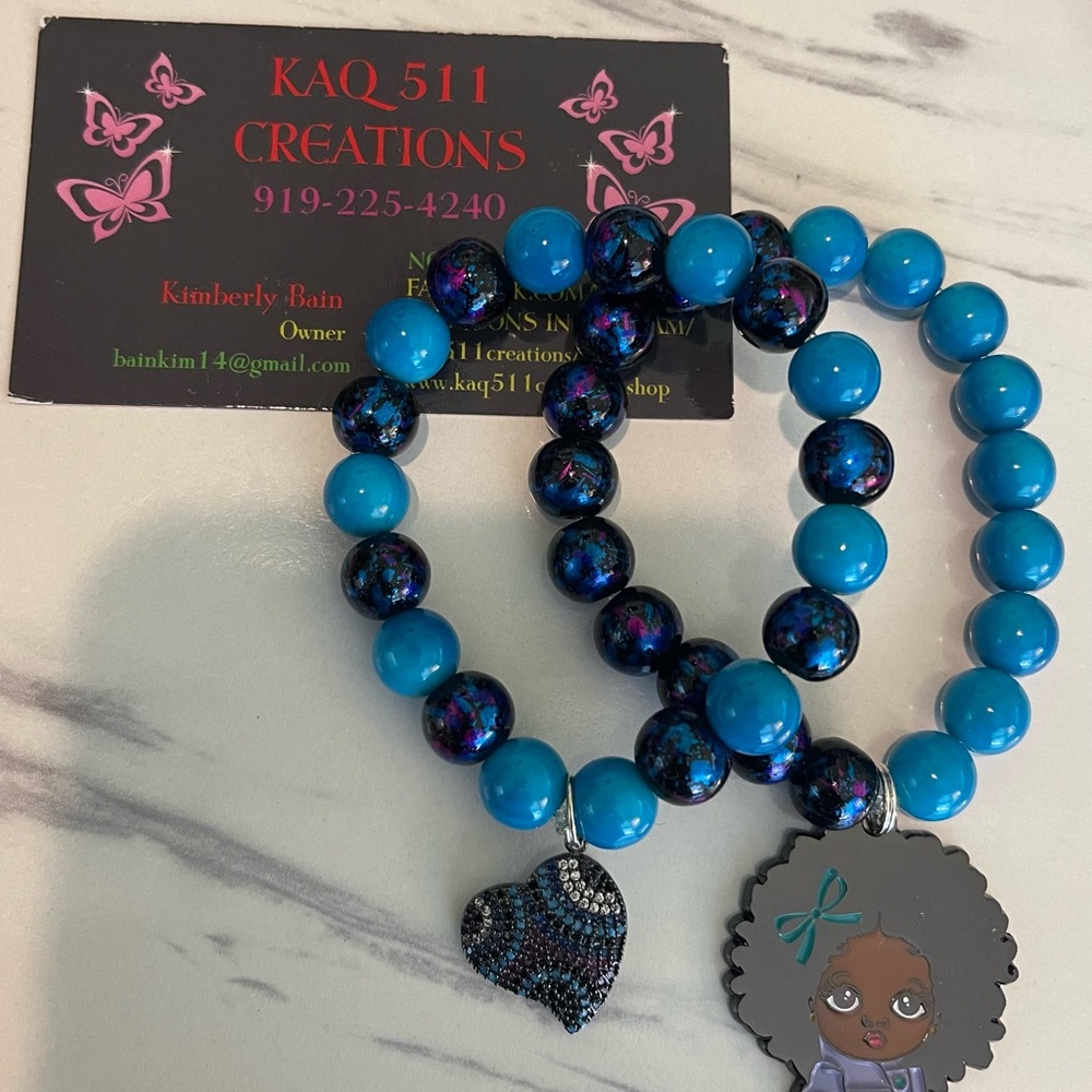 Blue and Black Beaded Heart Bracelet